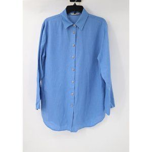 Soft surroundings Tunic womens Medium long sleeve button up shirt blue linen